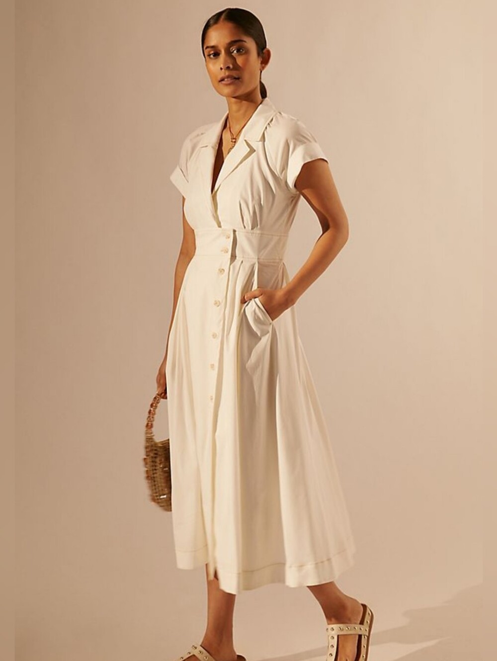 Anthropologie Maeve Poplin Midi Back Cutout Shirt Dress, Ivory, Size 8